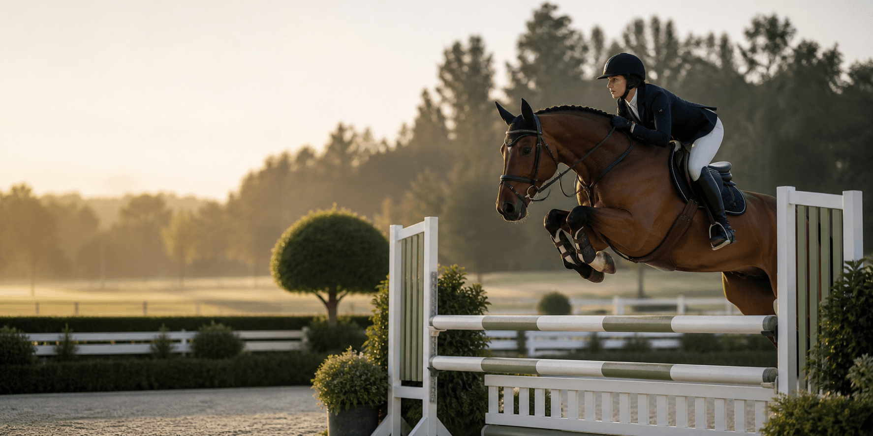 A bay hunter horse and rider jumping in a polished outdoor show ring